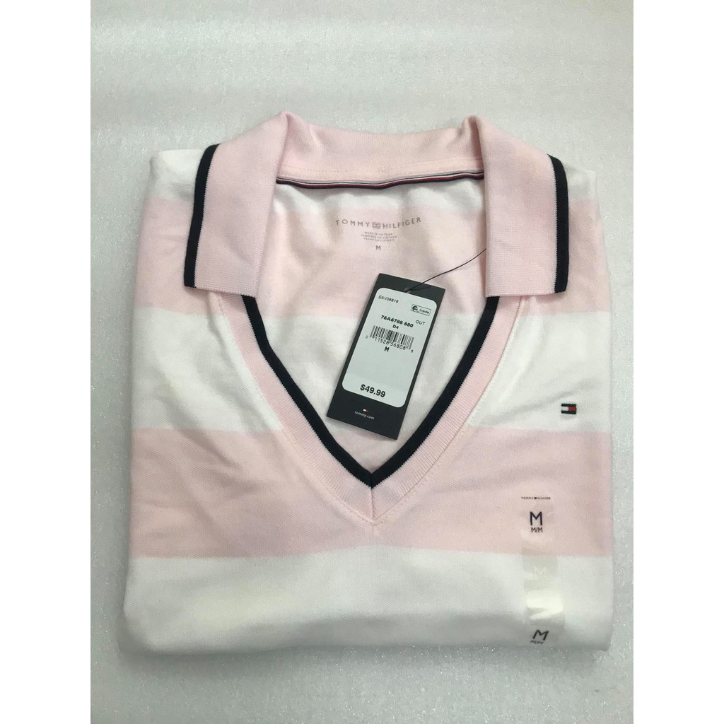 ÁO THUN POLO NỮ TOMMY HILFIGER SỌC HỒNG TRẮNG SIZE M