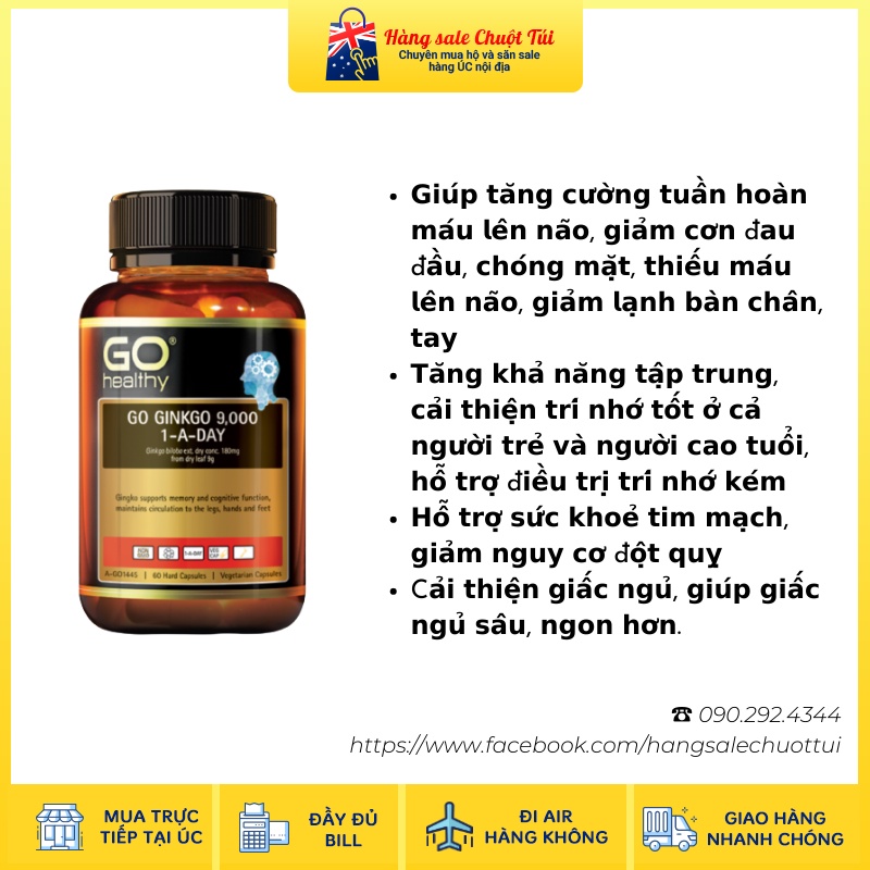 Viên Uống Bổ Não GO GINKGO BILOBA 9000 Hàng Úc đủ bill