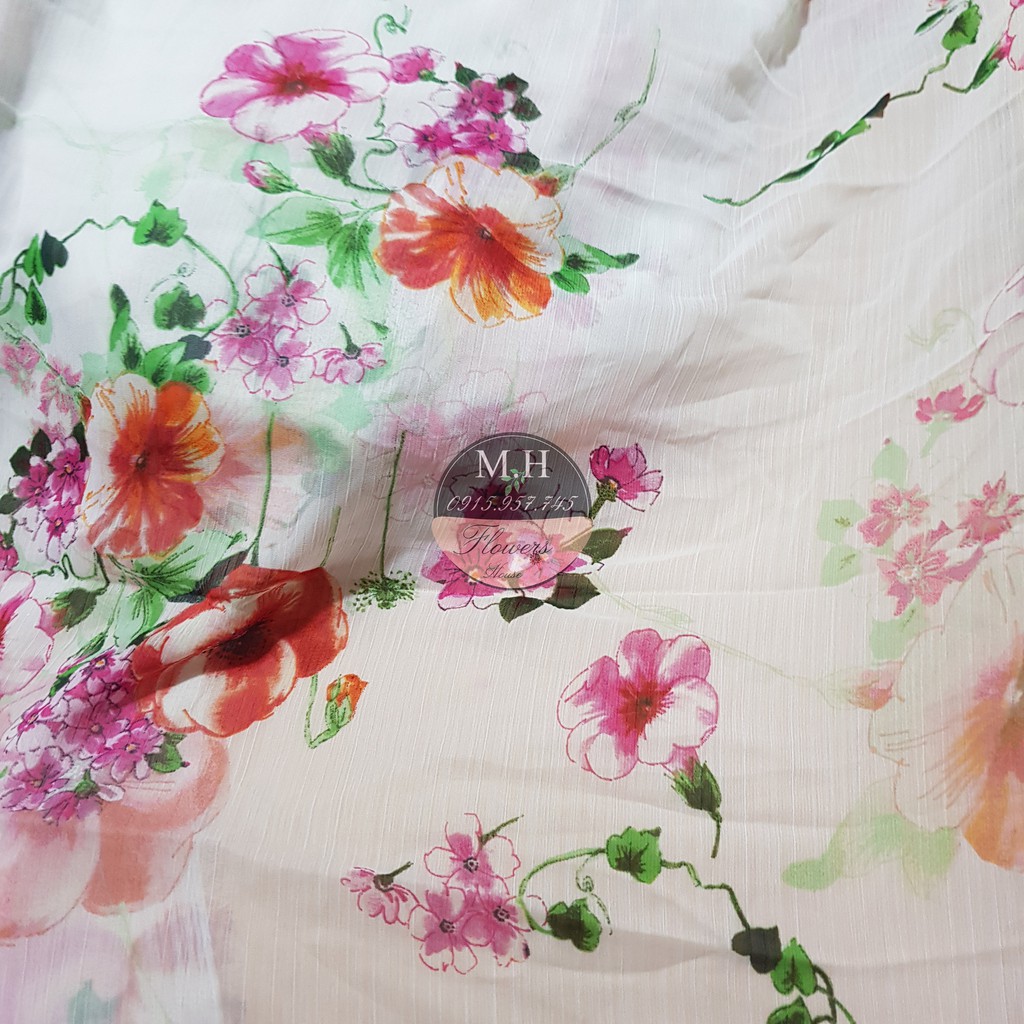 Vải voan gân in hoa loa kèn, dùng may áo váy mùa hè, chất mỏng vừa, mềm mại (100x150cm)