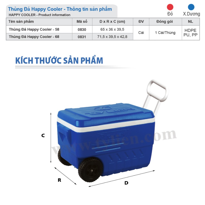 Thùng Đá Vuông Có Bánh Xe Happy Cooler,Dung Tích 58L, 68L Giữ Lạnh 3 Ngày, Nhựa Chính Phẩm Cứng Cáp Của Gia Dụng Du Thủy