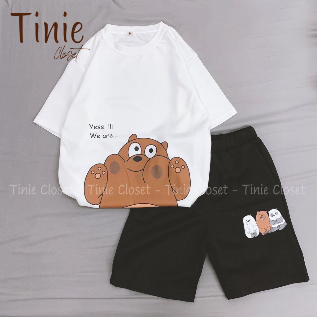 Set đồ bộ hoạt hình nam nữ form rộng Unisex LovelyBear Tinie Closet, Áo thun+Quần đùi Freesize