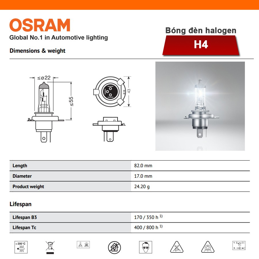 Bóng Đèn Halogen OSRAM Original H4 24V 75/70W Nhập Khẩu Chính Hãng