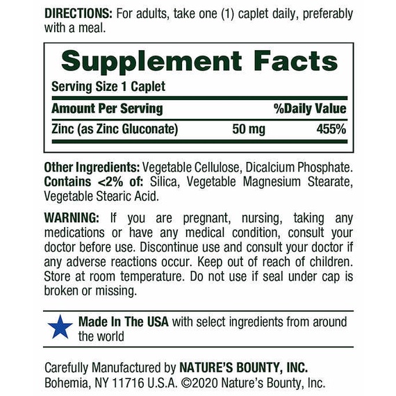 Viên uống bổ sung Kẽm Zinc 50mg Nature’s Bounty hũ 100 viên [Hàng Mỹ hạn dùng 2025]