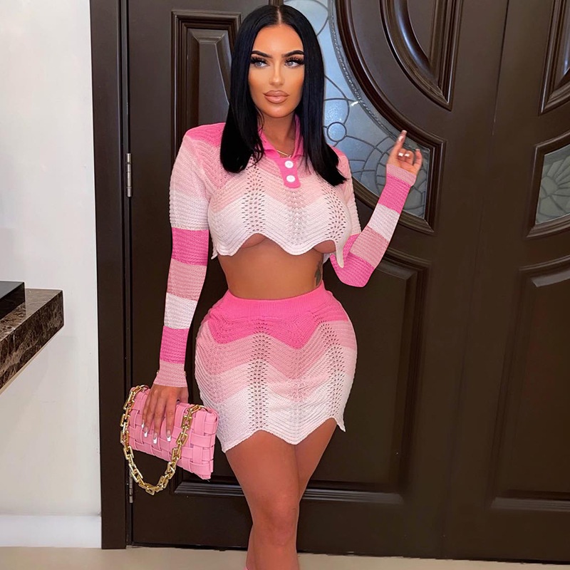 Bộ Áo Dệt Kim Dài Tay Cổ Polo + Chân Váy Lưng Cao Xinh Xắn Dành Cho Nữ