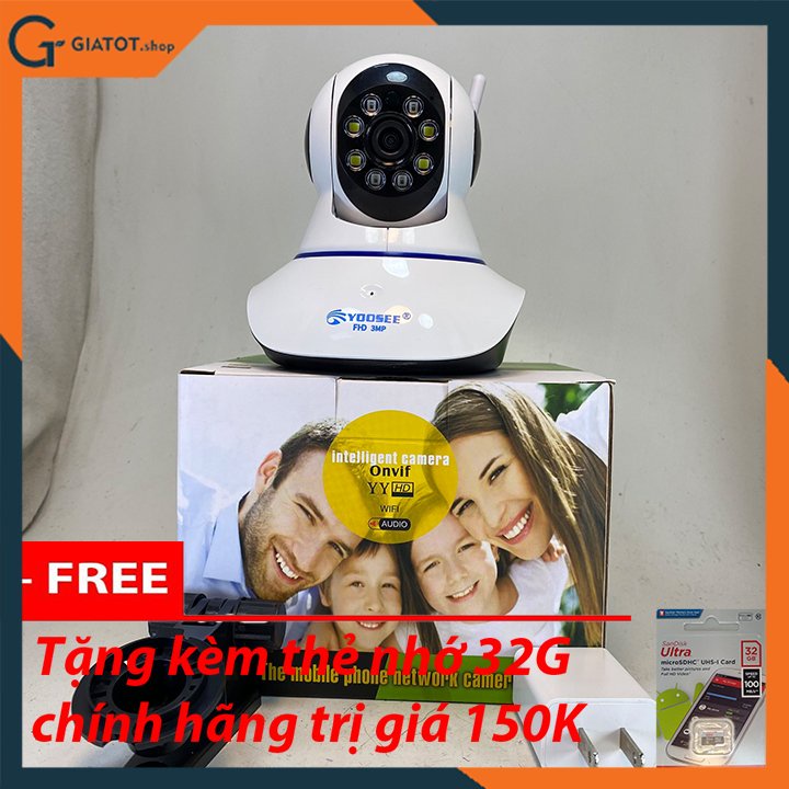 Camera wifi Yoosee chuẩn 3 râu Full HD xoay 360 độ soi đêm có màu + 32G