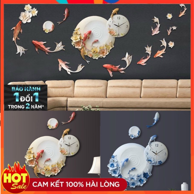 Đồng Hồ Treo Tường Trang Trí- Chất Liệu Gốm - Họa Tiết Cửu Ngư Vọng Nguyệt -Decor Tường Mã 42- Bảo Hành Đổi Mới 24T