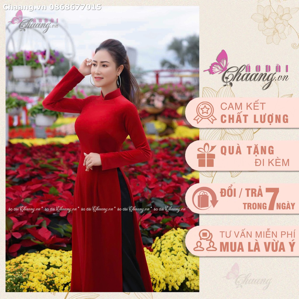 Áo dài nhung đỏ Chaang may sẵn vải áo dài truyền thống co giãn dễ mặc dự tiệc lễ tết đẹp