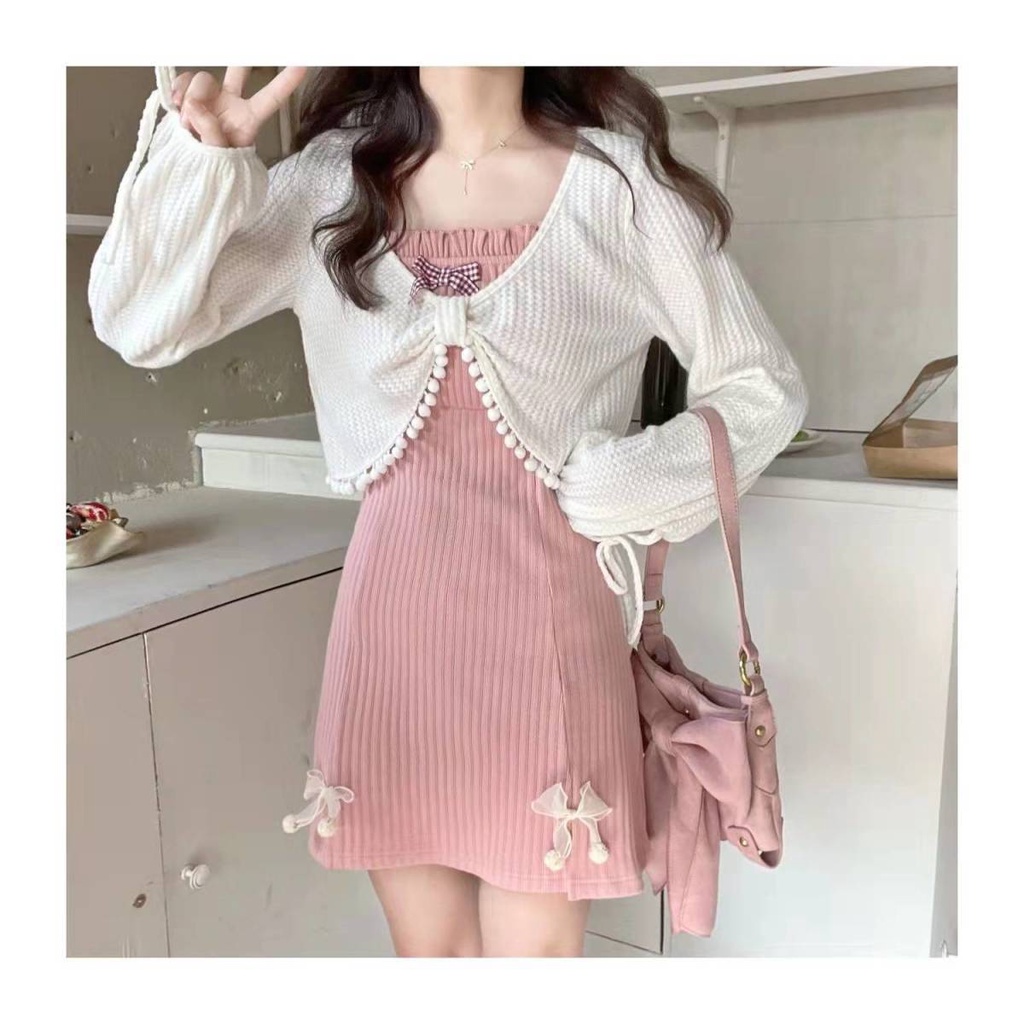 Bộ Đầm Hai Dây Phối Áo Khoác Cardigan Tay Dài Thắt Nơ Ngọt Ngào Cho Nữ