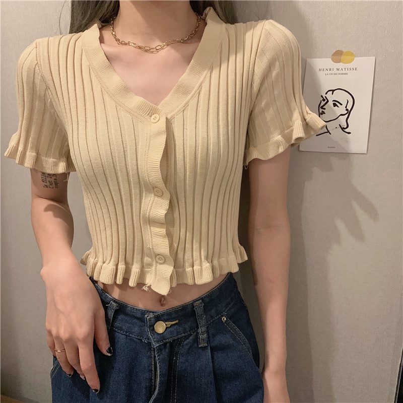 SUXI Mùa hè Mới Màu rắn dệt kim Áo thun nữ Áo phông cổ chữ V Áo ngắn gợi cảm