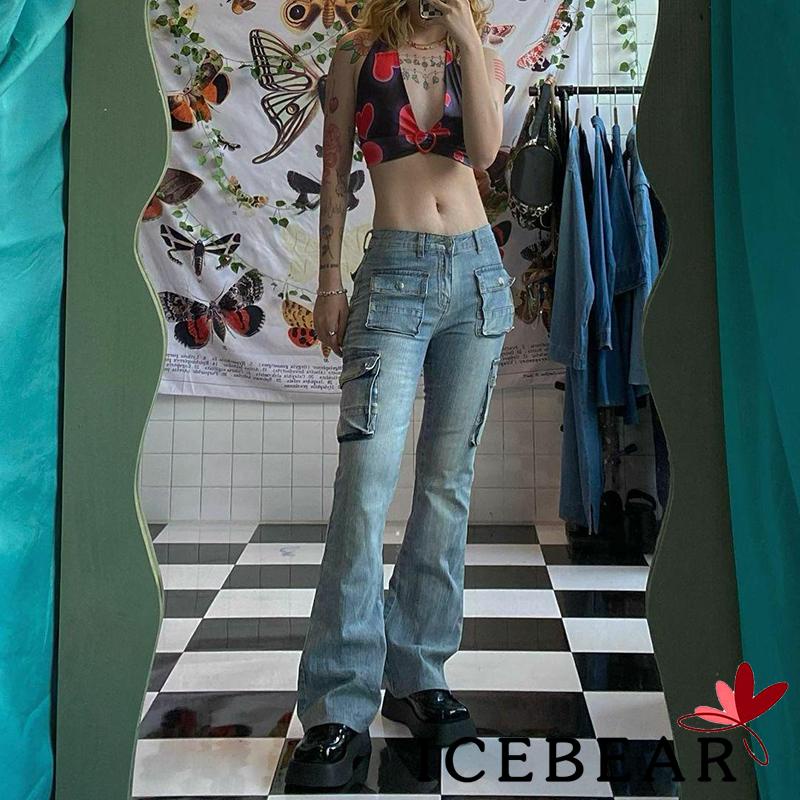 Ice-quần Jeans Denim Nhiều Túi Thấp Dễ Phối Đồ Cho Nữ