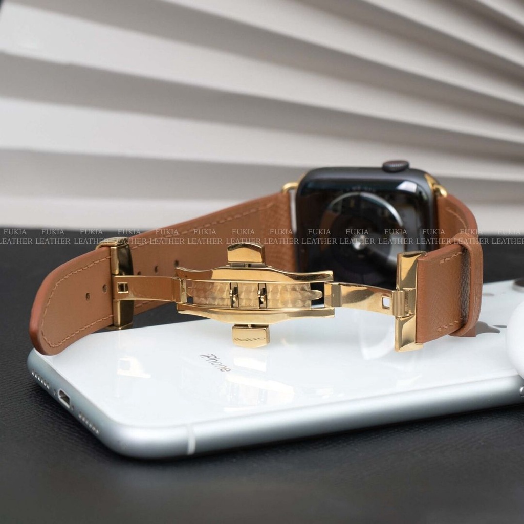 Dây da thủ công Epsom Nâu bò dành cho Apple Watch Series 1/2/3/4/5/6/7/SE, đồng hồ thông minh, đồng hồ cơ