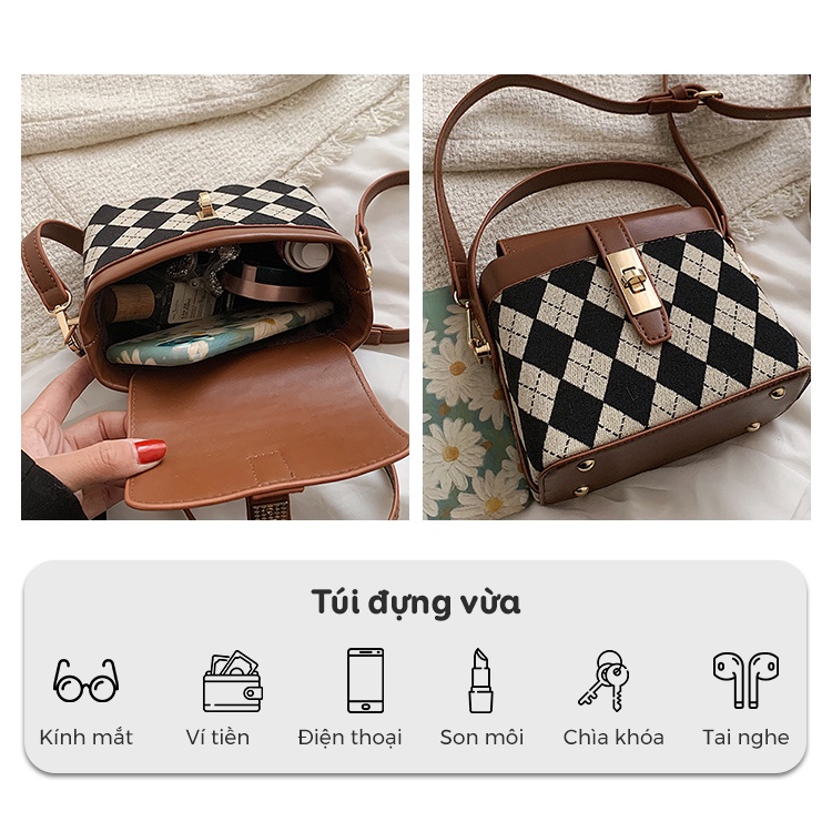 Túi xách tay hộp đeo chéo nữ đẹp kẹp nách MUNGA thời trang công sở Hàn Quốc cao cấp họa tiết ô trám TMG06