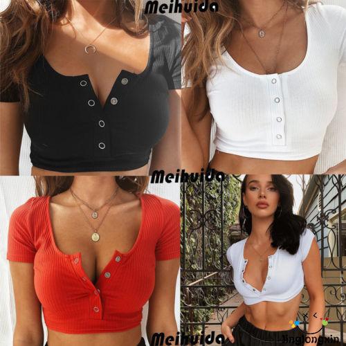Áo Croptop Tay Ngắn Thiết Kế Cổ Chữ V Nữ Tính