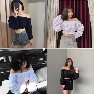 ÁO CROPTOP TRỄ VAI CHẤT LIỆU VOAN LỤA 2 MÀU ĐEN/TRẮNG CO GIÃN 4 CHIỀU SIÊU RẺ