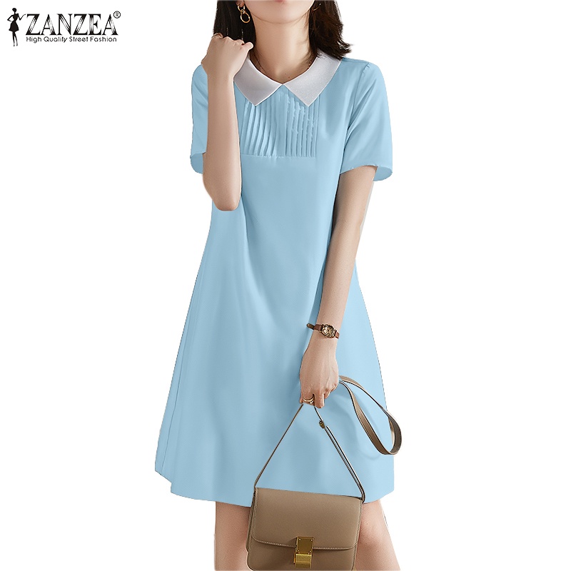 Đầm midi Zanzea tay ngắn màu trơn có túi thời trang Hàn Quốc thanh lịch cho nữ