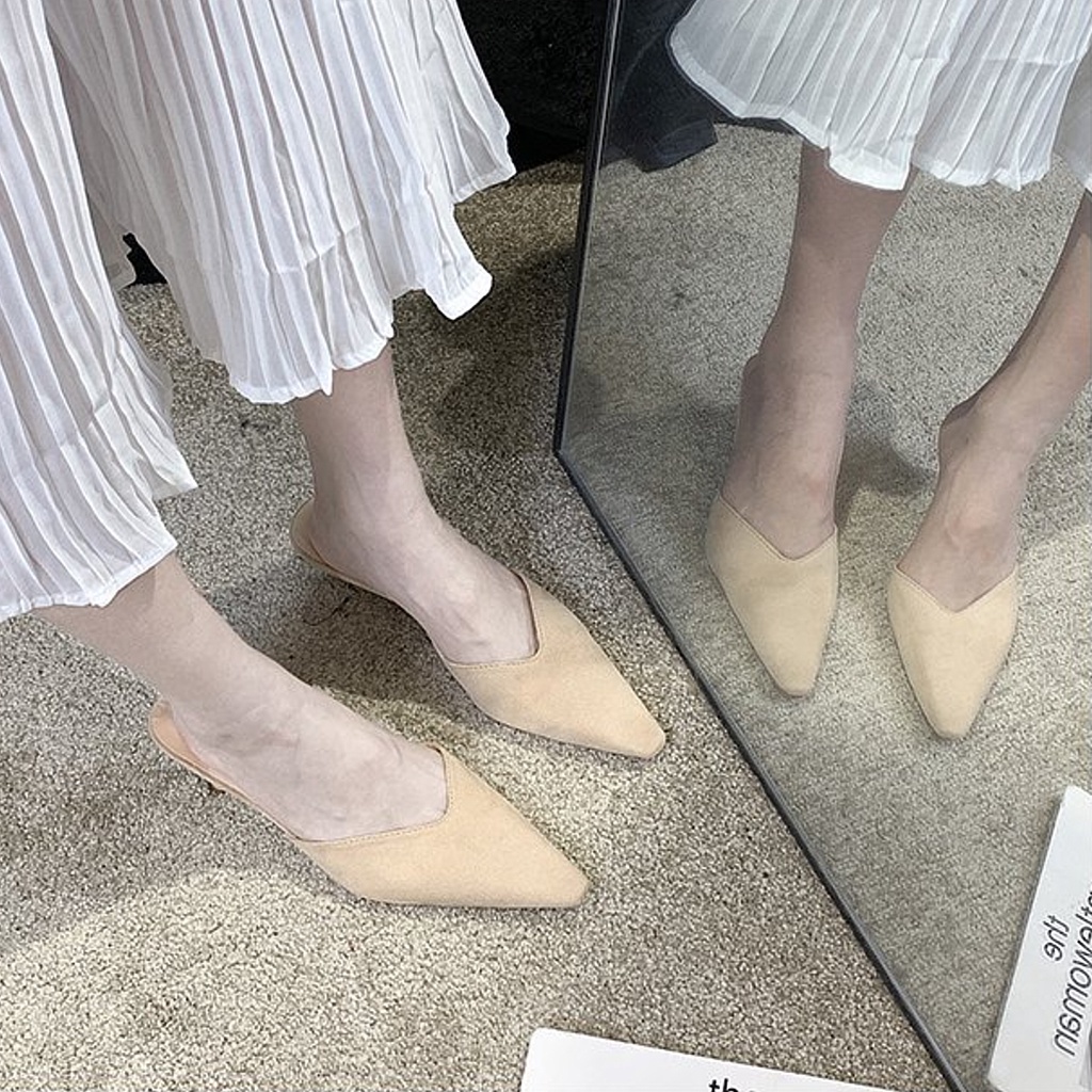 Sục Cao Gót 3cm Đế Nhọn Thời Trang Ulzzang, Dép Cao Gót Da Lộn Mũi Nhọn Vintage Phong Cách Hàn Quốc - Iclassy_shoes