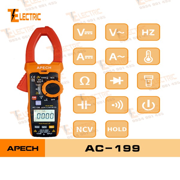 Apech AC - 199 Ampe Kìm Đo Điện Đo Tụ Đo Tần Số Đo Dòng Điện AC/DC 1000A APECH AC 199 (1000A AC/DC)