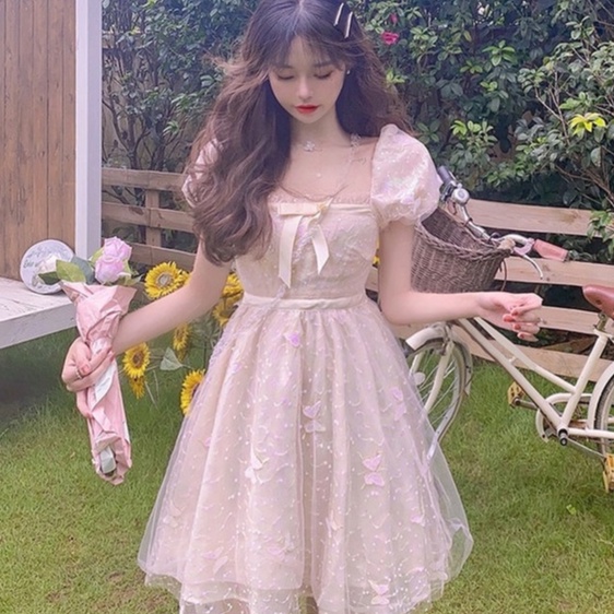 Đầm Công Chúa Cổ Vuông Tay Phồng Phối Lưới Eo Đính Nơ Thời Trang Mùa Hè Xinh Xắn