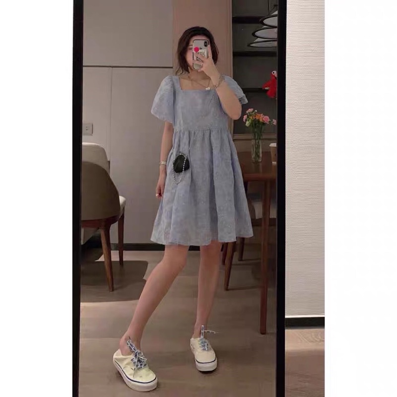Váy đầm babydoll cổ vuông xanh trắng, dáng xoè tay phồng siêu xinh bầu bon chen  phong cách hàn quốc