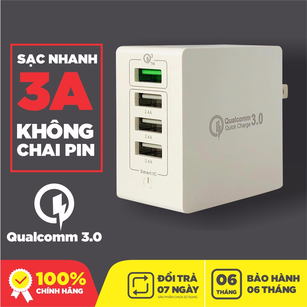 Củ Sạc 4 Cổng (1 Cổng SẠC NHANH QI 3.0A ) 3 CỔNG 2.4 A. ( TẶNG 1 DÂY SẠC IPHONE 1 DÂY SẠC SAMSUNG ) MRCAU