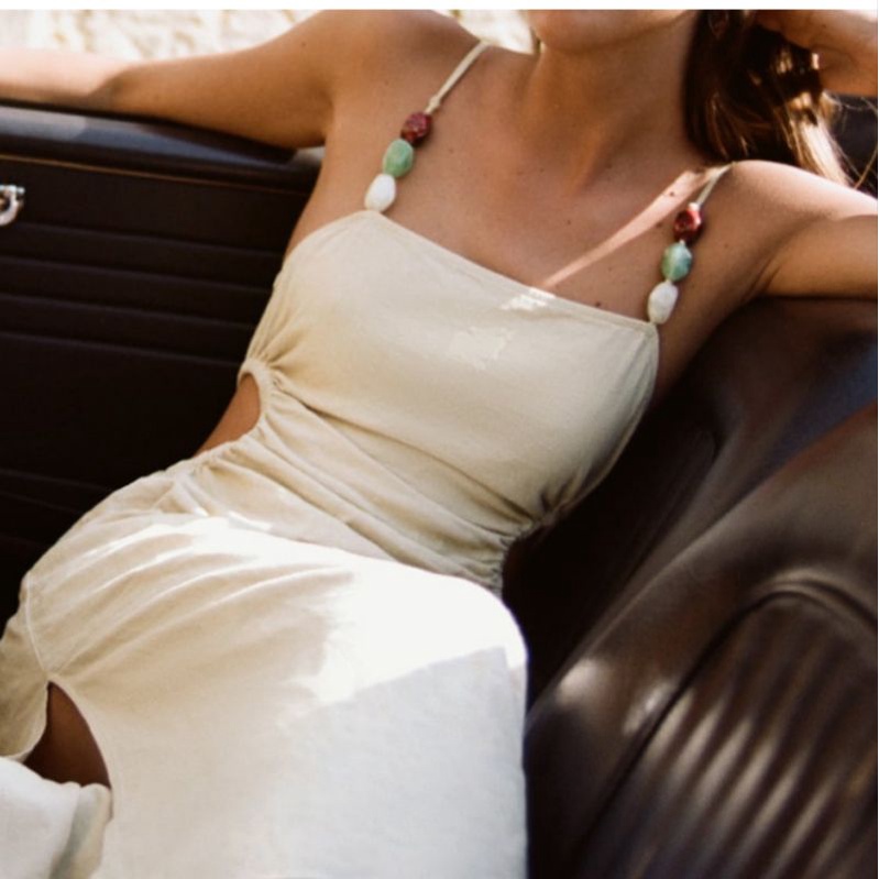 Đầm midi ZR hai dây vải lanh