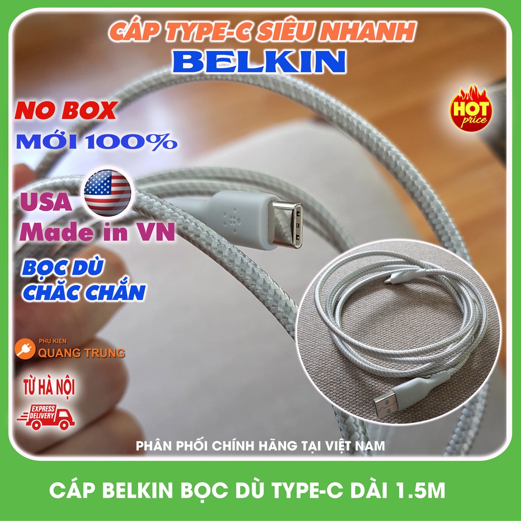 Cáp sạc Belkin TypeC bọc dù,dài 1,5m ,sạc cực nhanh và bền bỉ ( No box )