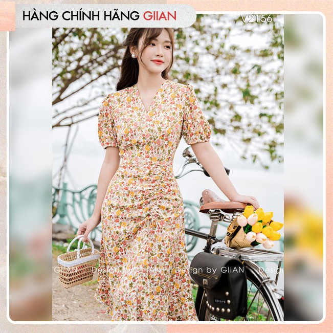 Váy hoa nhí tay bồng đuôi cá thiết kế GIIAN, đầm nữ công sở ngắn tay cổ V rút dây dáng dài G-V2156 | WebRaoVat - webraovat.net.vn
