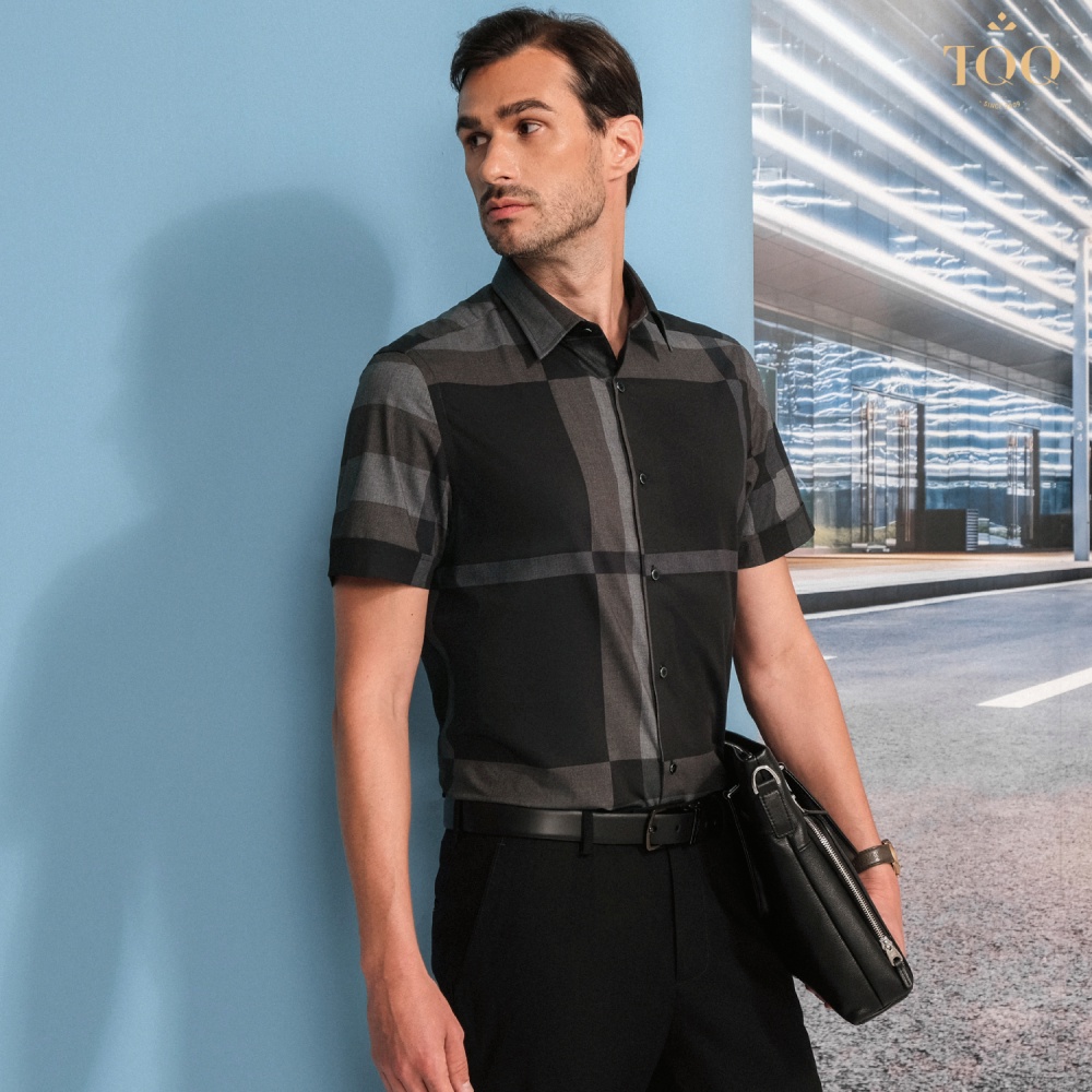 Áo sơ mi ngắn tay TQQ dáng slimfit K428CSC kẻ đen chất liệu cao cấp thoáng mát mềm mịn
