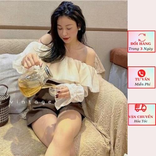 Áo trễ vai nữ voan tơ tay bồng tiểu thư bánh bèo màu trắng be 2 lớp ulzzang Hàn Quốc