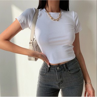 Nhiều Màu Cơ Bản Nửa Tay Áo Thun Ngắn Crop Top Cao Cấp Slim-fit Ôm Hơn Nhìn Đáy Áo Sơ Mi Bên Trong Hàng Đầu Mỹ Màu Trơn Áo Thun Ngắn Cổ Tròn Nhỏ Cổ Tròn Top Bé Gái Áo Ngắn