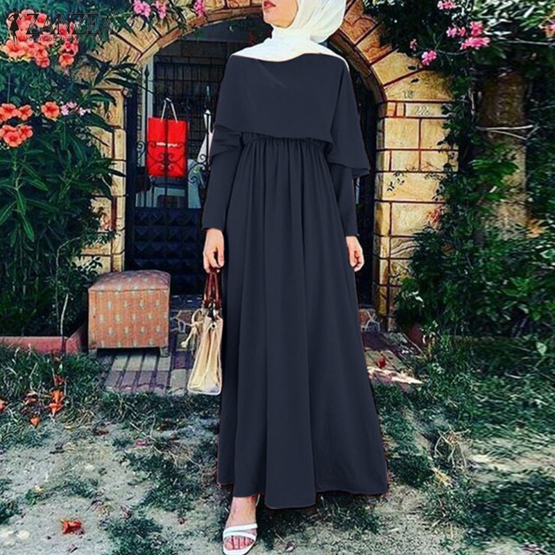 Đầm Dài Hai Lớp Eo Thun ZANZEA Cho Phụ Nữ Hồi Giáo