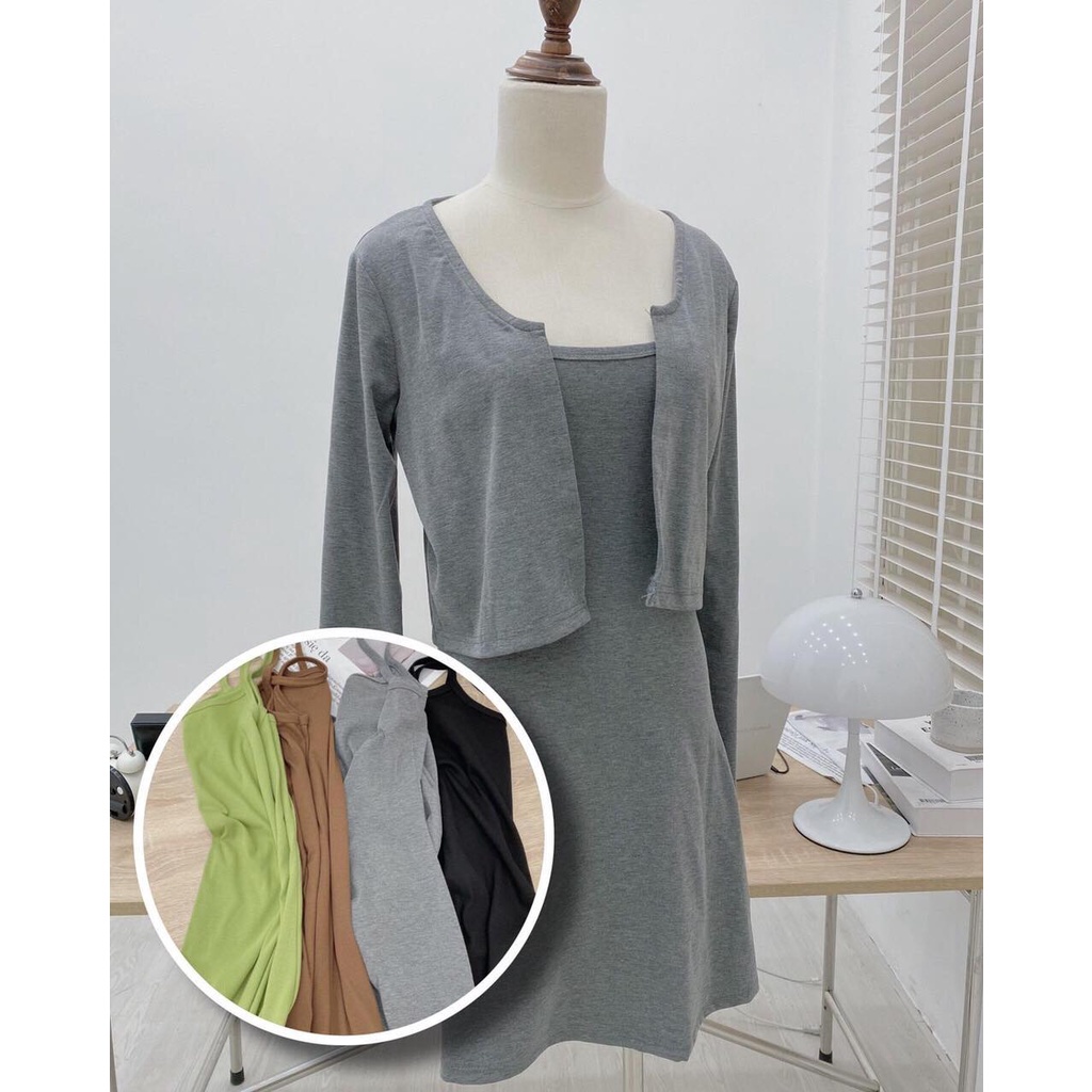 Váy hai dây kèm khoác ngoài cardigan chất thun cotton mặc tôn dáng