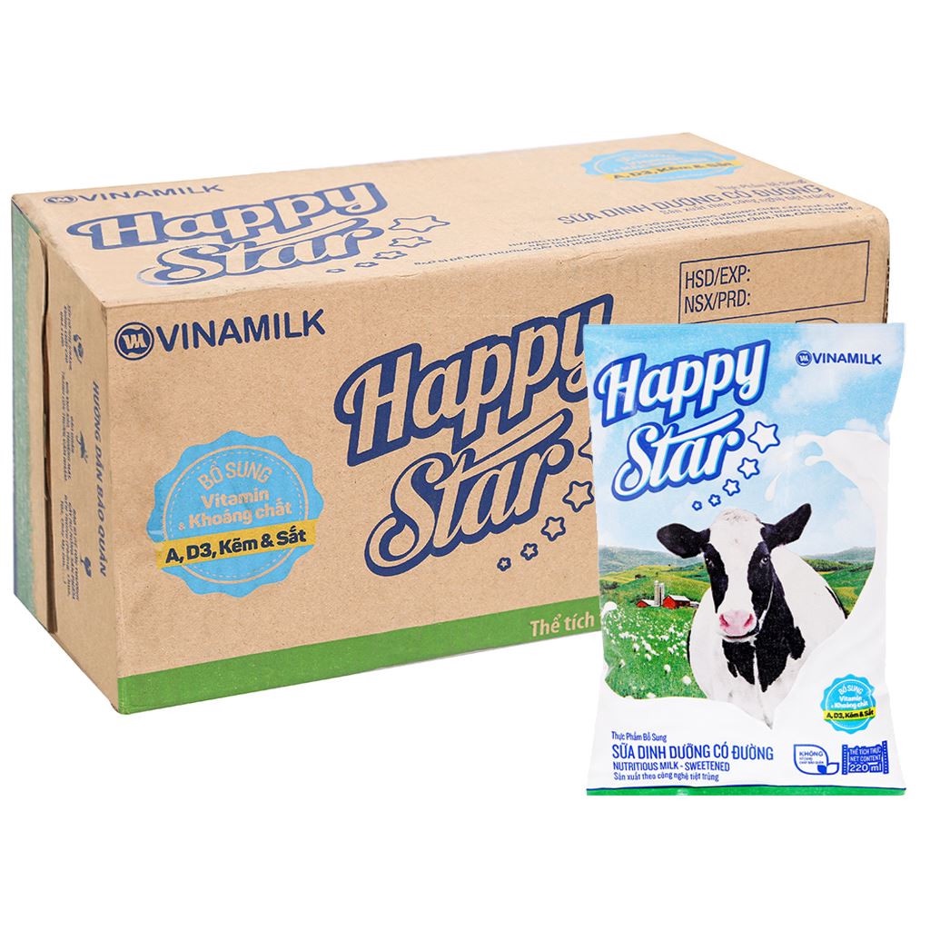 [HSD T7-2022] Thùng 48 Bịch Sữa Dinh Dưỡng Vinamilk Happy Star Có Đường 220ml