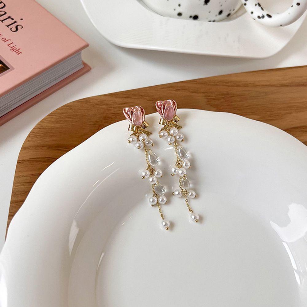 Bông Tai Dáng Dài Hình Hoa Màu Hồng Ngọt Ngào Thời Trang Dự Tiệc 1 Cái