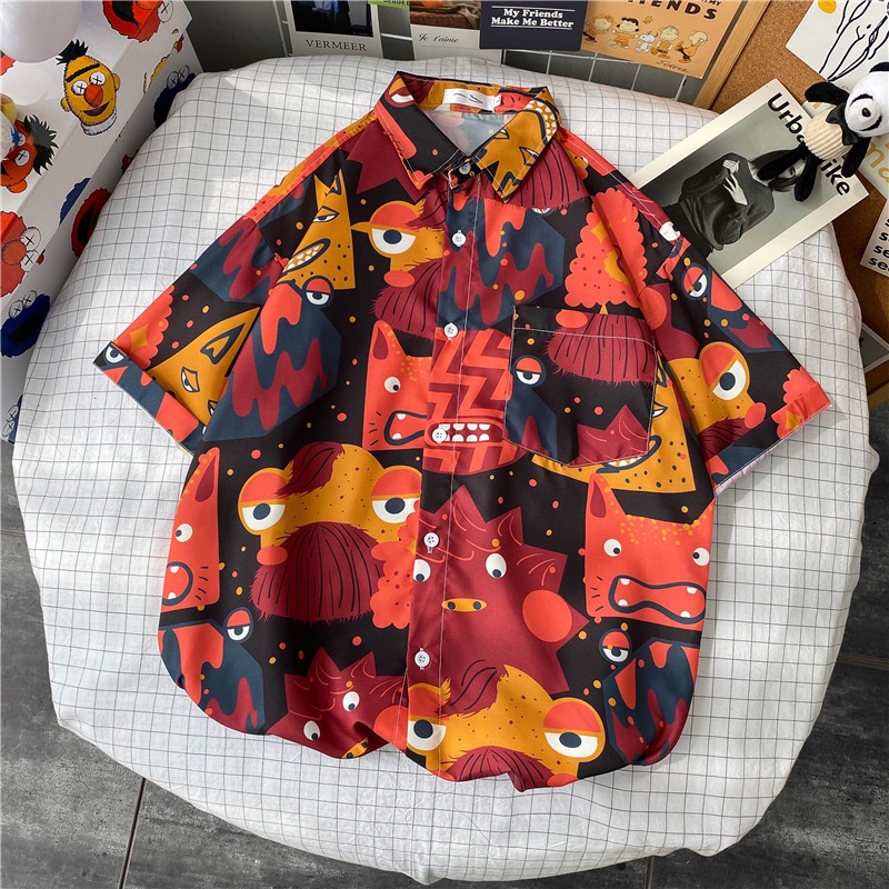 Áo Sơ Mi Tay Ngắn Dáng Rộng In Hoạt Hình Kiểu Nhật Bản Cá Tính Cho Nam Size M-3Xl