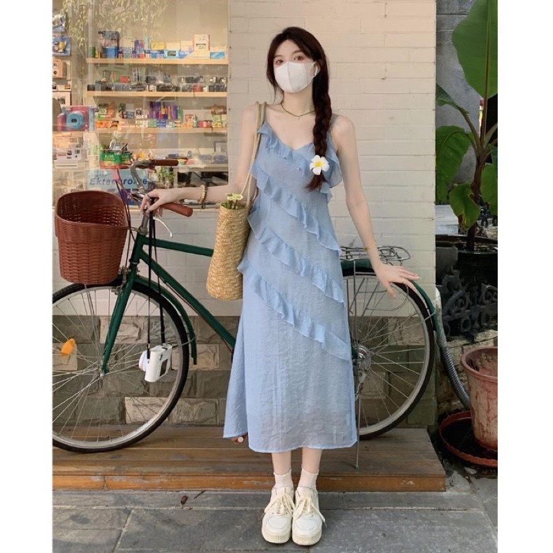 Váy voan hai dây màu xanh nhạt nhẹ nhàng  phối bèo chéo điệu đà style Hàn Quốc