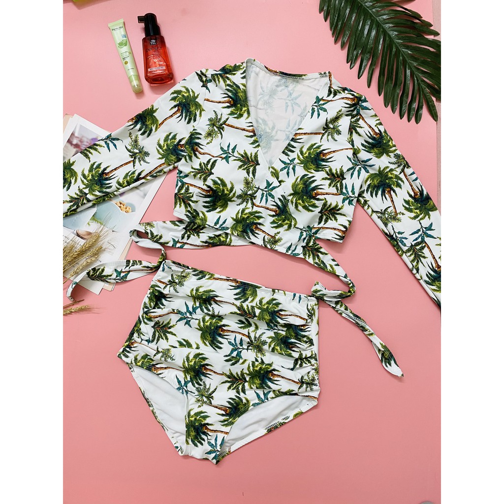 Bikini hai mảnh hoa lá  ️Freeship️ dài tay quần che bụng cạp cao mặc đi biển đi bơi mới nhất