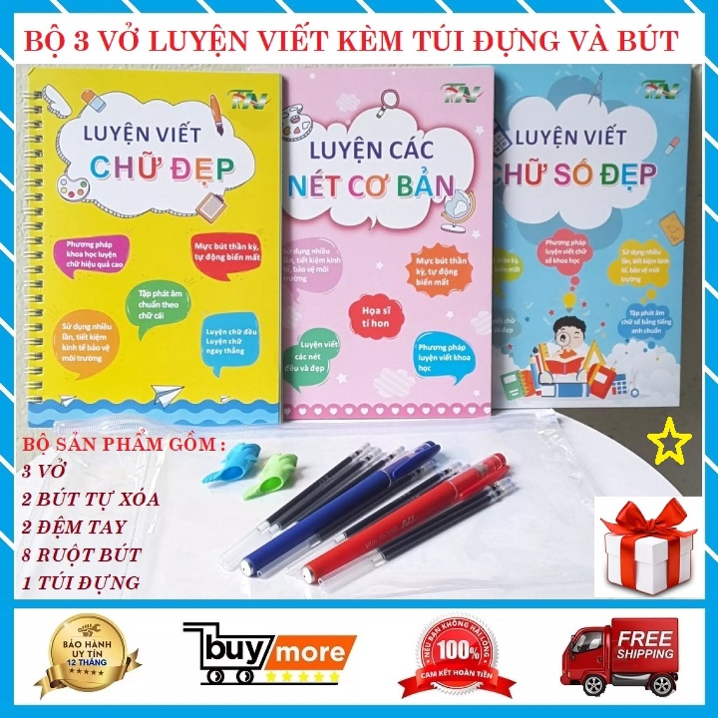 Bộ 3 vở luyện chữ tự xóa, tập viết, luyện chữ đẹp, chữ số, nét cơ bản,tập viết cho bé chuẩn bị vào lớp 1 (kèm 2 bút+8 ng