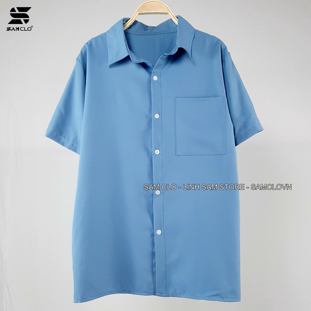 Áo sơ mi nữ cổ bẻ tay lỡ dáng ulzzang freesize form rộng unisex TRƠN MÀU XANH DƯƠNG