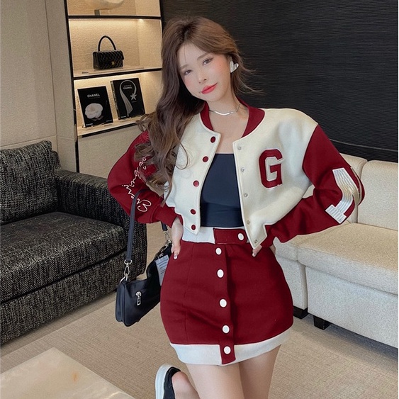 Set Đồ Thể Thao Gồm Áo Khoác Bóng Chày Tay Dài In Chữ + Chân Váy Lưng Cao Phong Cách Trung Hoa Thời Trang Mới