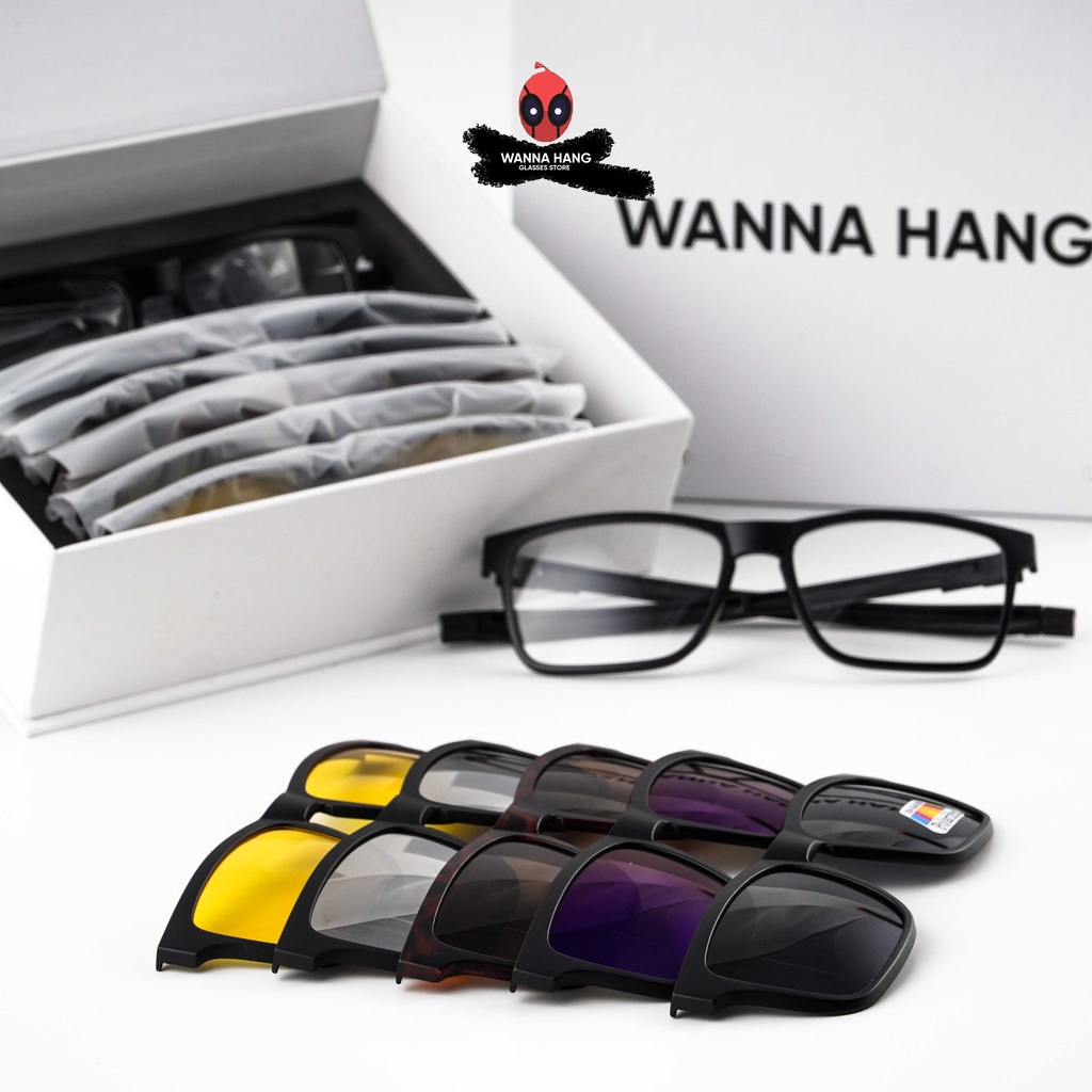 Gọng kính cận 5in1 thể thao nam châm cố định kèm 5 tròng kính râm di động chống tia UV cao cấp KTT01 Wanna Hang