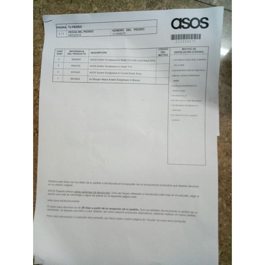 Kính Asos - có mail mua hàng của web