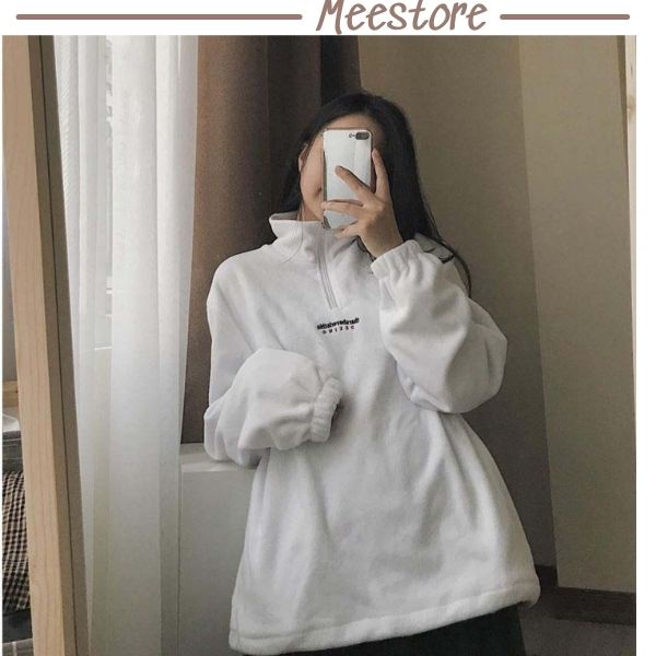 Áo nỉ cổ cao kéo khóa nữ Mee- Sweater khóa cổ chữ ngực dáng rộng Ulzzang | WebRaoVat - webraovat.net.vn