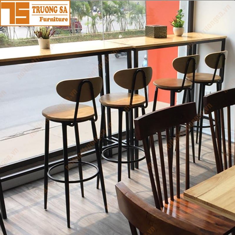 Ghế Đôn Cao Ngồi Quầy Bar, Thu Ngân, Chân Sắt Cao Mặt Gỗ Cao Su Có Tựa Lưng