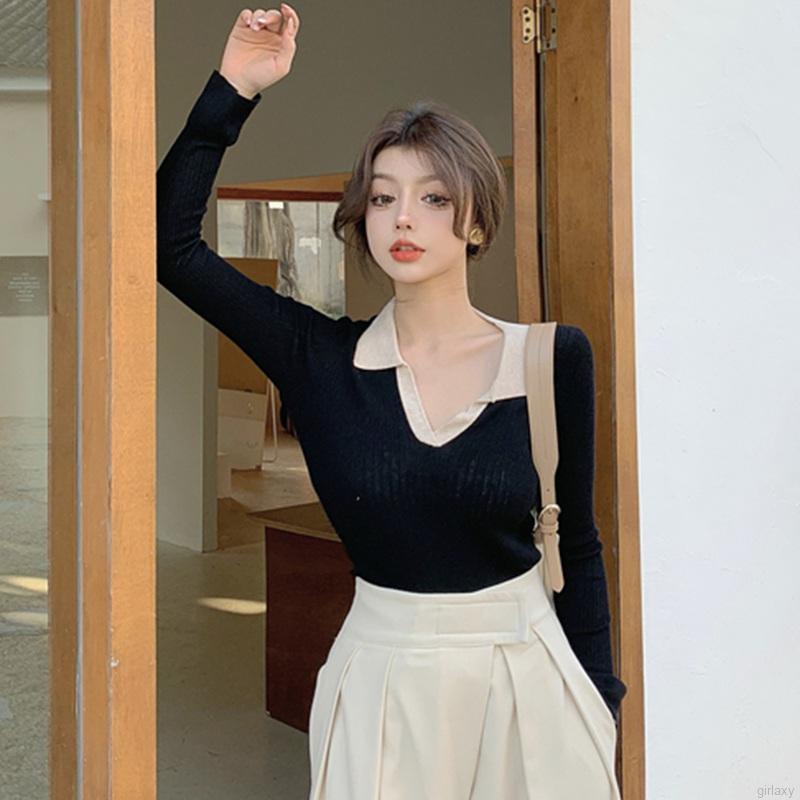 Áo dệt kim tay dài màu sắc đơn giản phong cách Hàn Quốc thời trang cho nữ