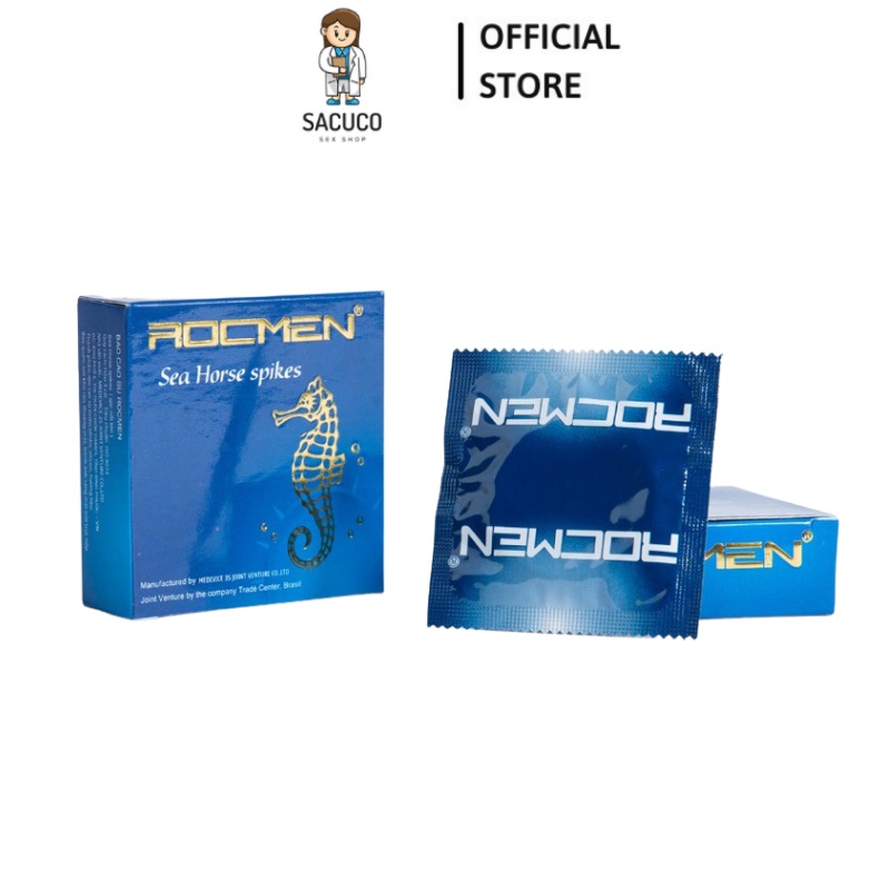 Bao cao su ROCMEN cá ngựa xanh cao cấp, gân gai, mát lạnh, kéo dài thời gian, hộp 10 bcs SACUCO RM1