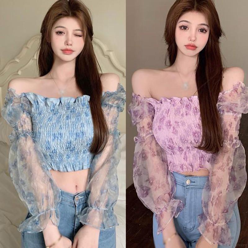 Áo Kiểu Chất Chiffon Tay Dài Cổ Vuông Hoạ Tiết Hoa Nữ Tính | BigBuy360 - bigbuy360.vn