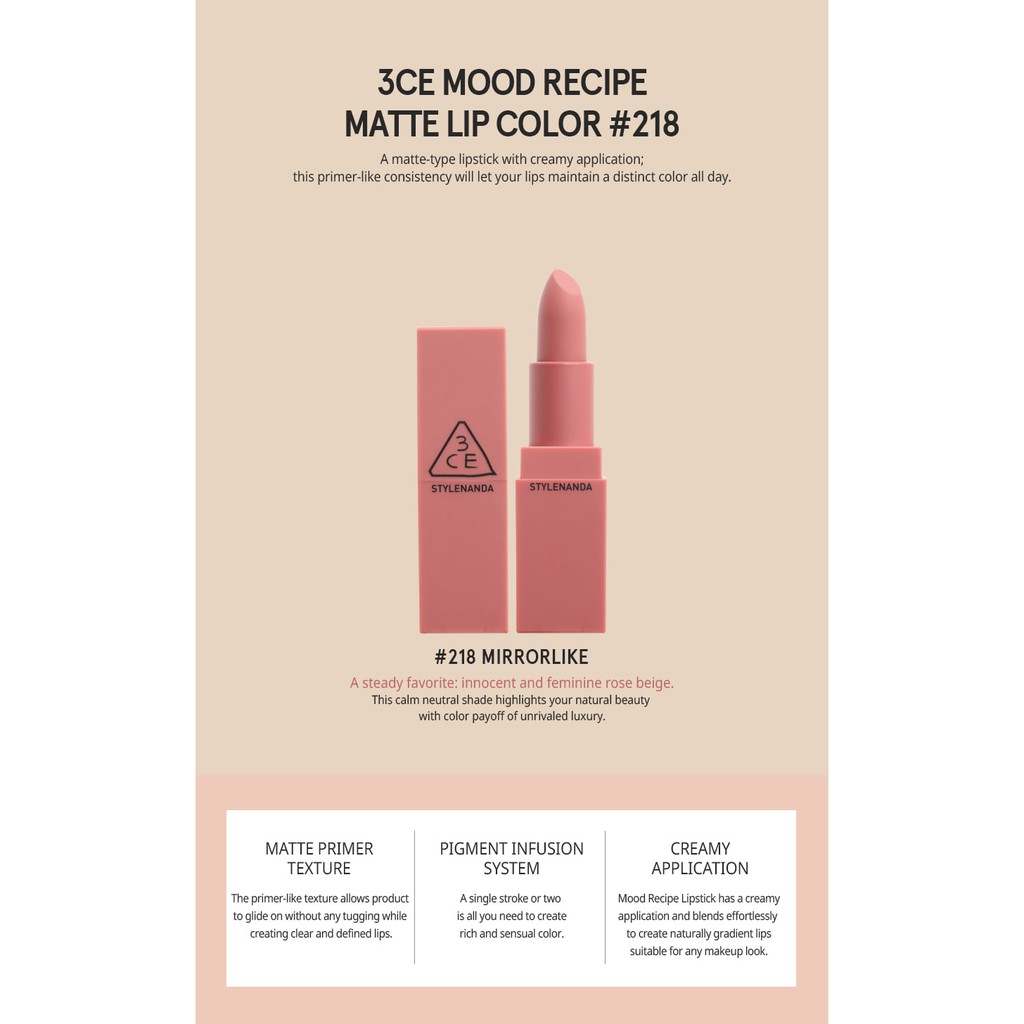 SON THỎI LÌ [MATTE] 3CE MOOD RECIPE LIP COLOR #218 MIRRORLIKE