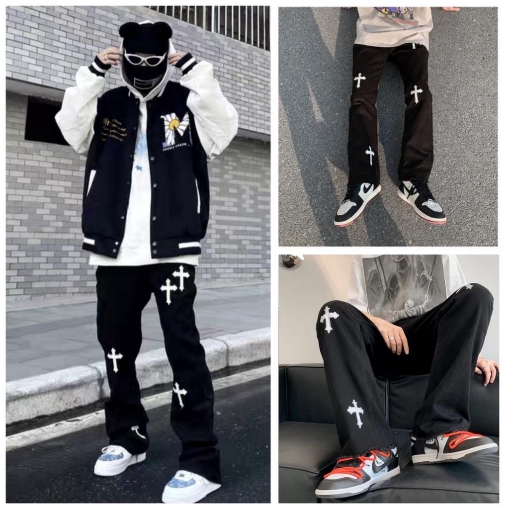 Quần Jean Nam Ống Rộng UNISEX In Hình Thánh Giá Đẹp Cao Cấp Hàng CHuẩn Shop