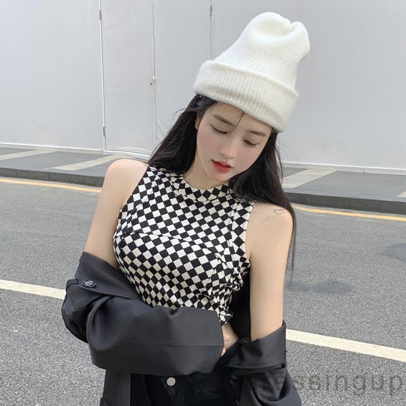 Dre-áo Tank Top Ôm Dáng Vừa Vặn Họa Tiết Hình Thoi / Ngựa Vằn Cho Nữ